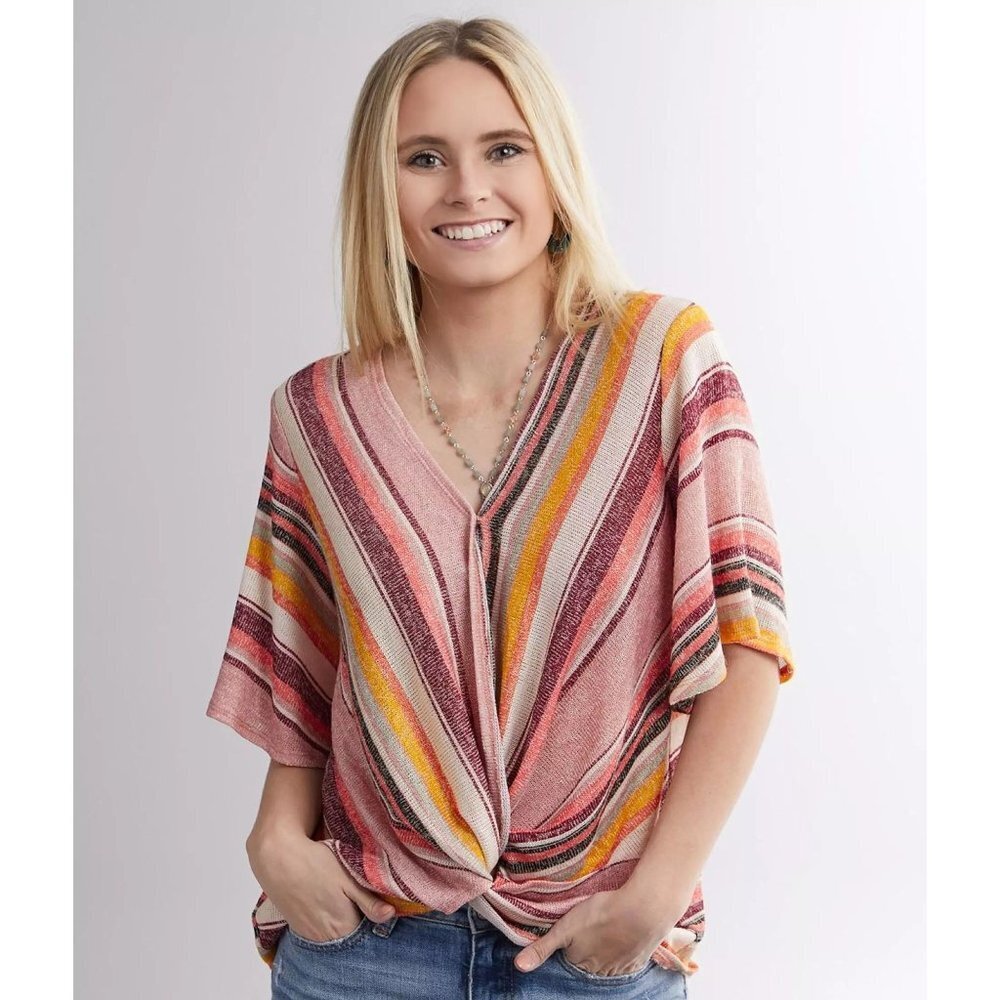 Daytrip Blouse Women's M Pastel Stripes Knit Open Front Buckle Spring Easter